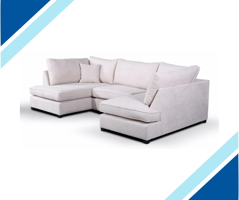 Carnabie U Shaped fabric corner sofa with full back cushions and footstool in a modern design.