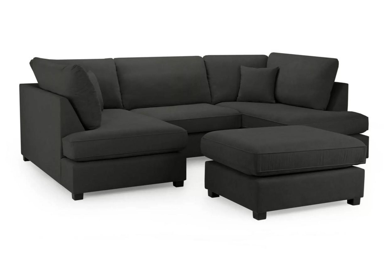 U-shaped fabric corner sofa with footstool, featuring full back cushions, black feet, and a modern design.