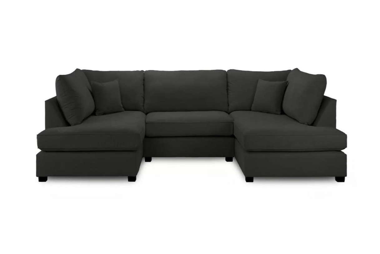Carnabie U Shaped fabric corner sofa with footstool in dark color, featuring full back cushions and black feet.