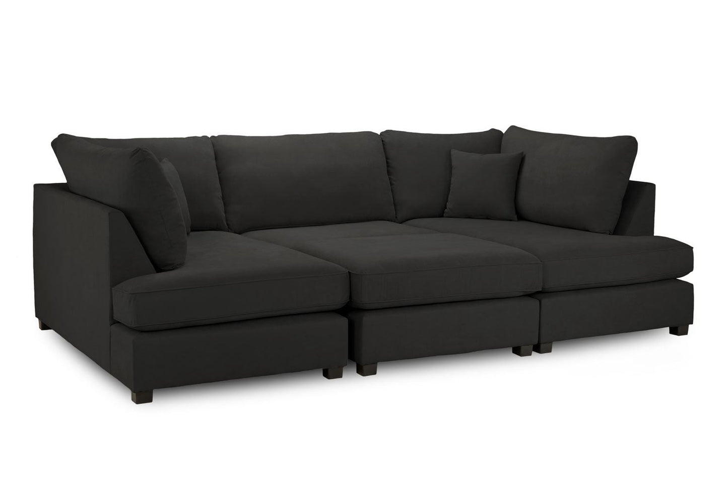 Carnabie U Shaped fabric sofa with footstool, cushioned seats, black feet, modern design.