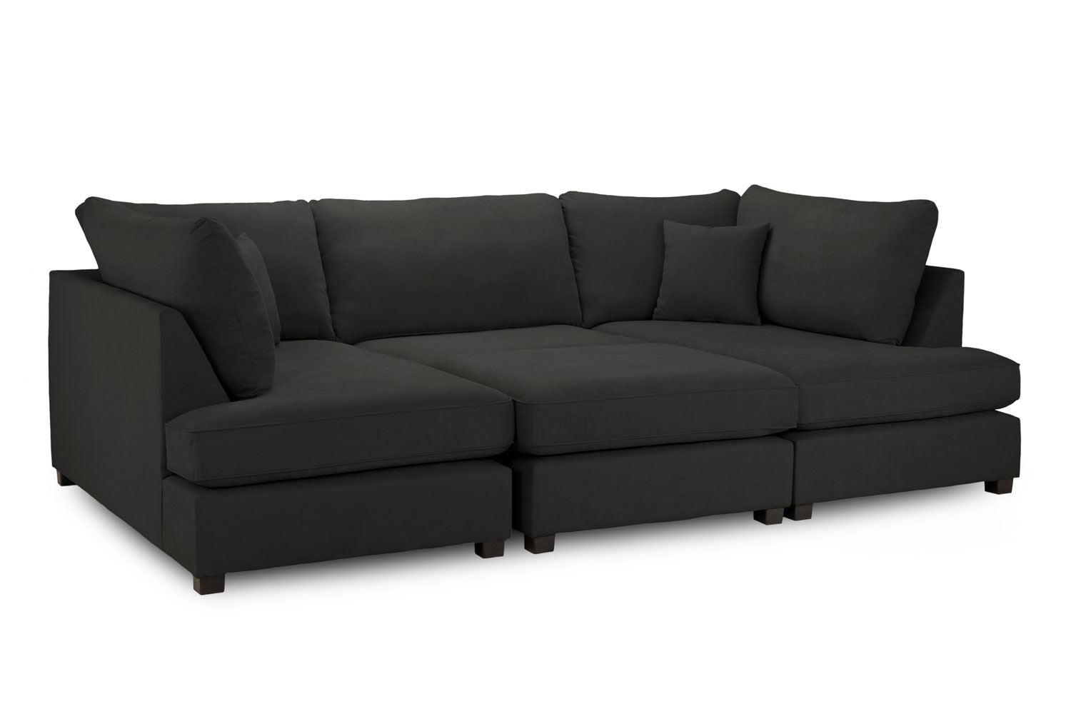 Carnabie U Shaped fabric sofa with footstool, cushioned seats, black feet, modern design.