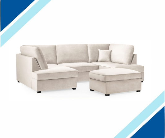 Carnabie U Shaped plush velvet corner sofa with footstool, modern design, customizable color.