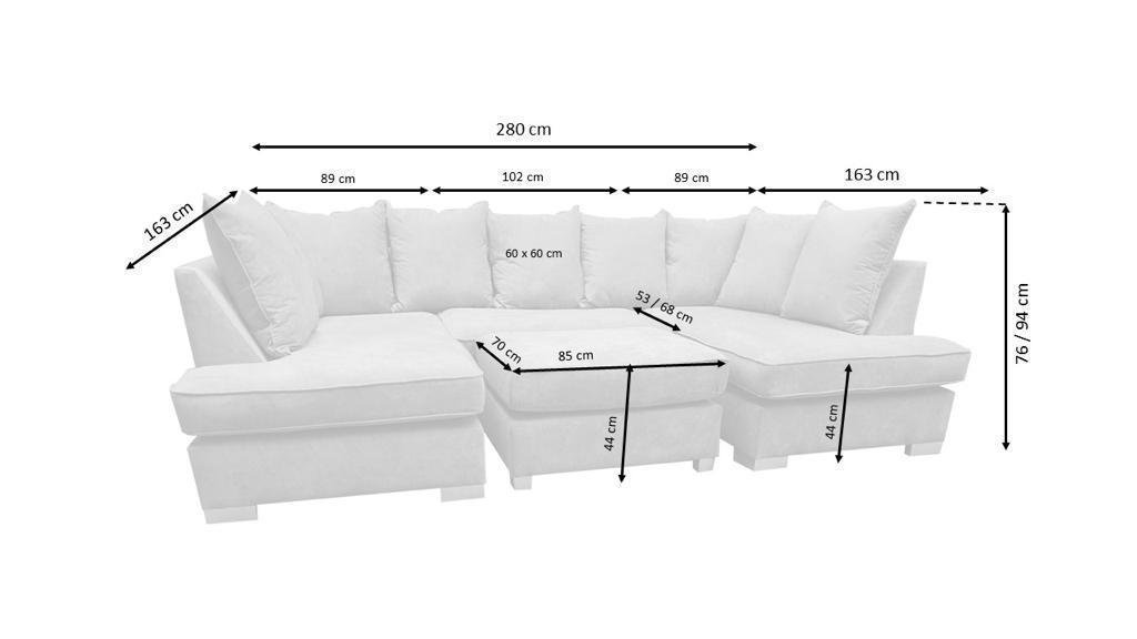 Carnabie U Shaped Fabric Corner Sofa with Dimensions and Footstool