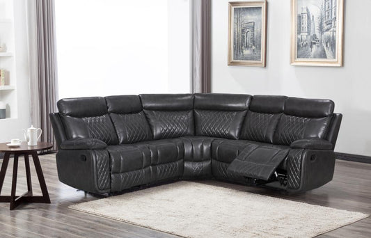 Atlanta Leather Reclining Corner Sofa in charcoal with plush, stitched design in living room.