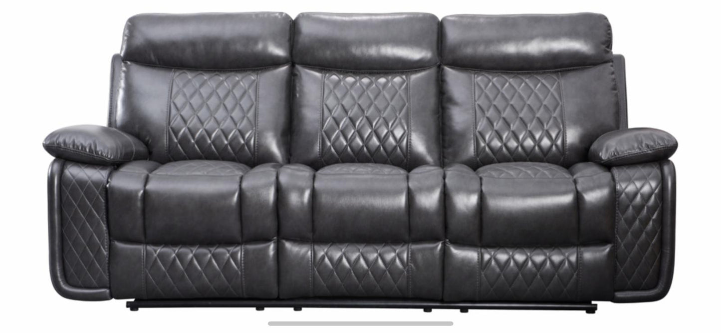 Atlanta Leather Reclining Corner Sofa in charcoal with stitched design and padded seats.