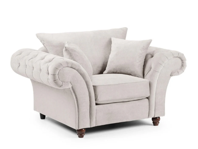 Windsor Chesterfield Cuddle Chair in cream, upholstered, tufted arms, with cushions, available in cream or grey.