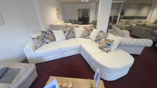 Lounger fabric sofa right hand corner cream beige with scatter back cushions in showroom.