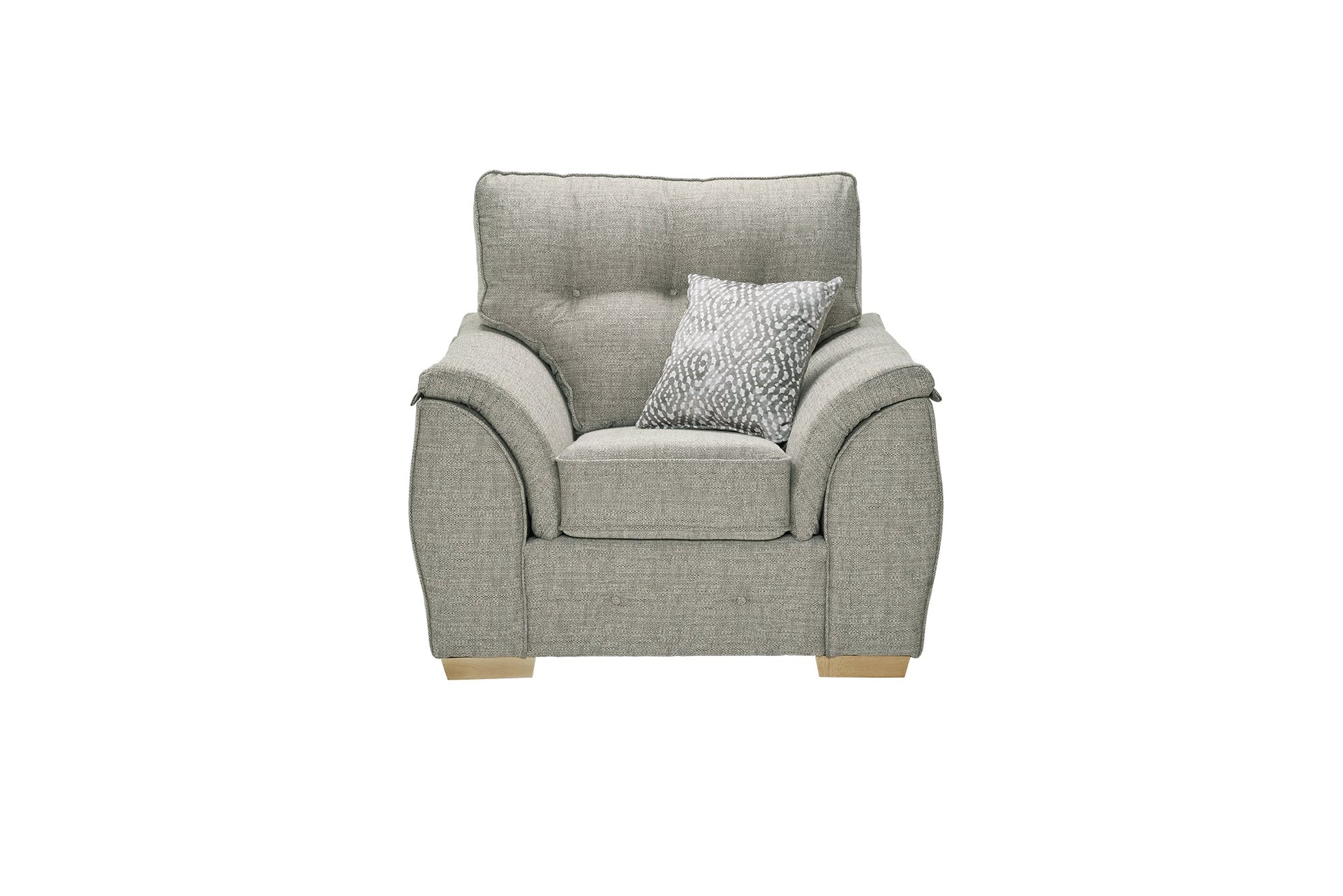 Ashley Fabric Sofa Collection chair with cushioned armrests and buttoned back cushions in gray fabric.