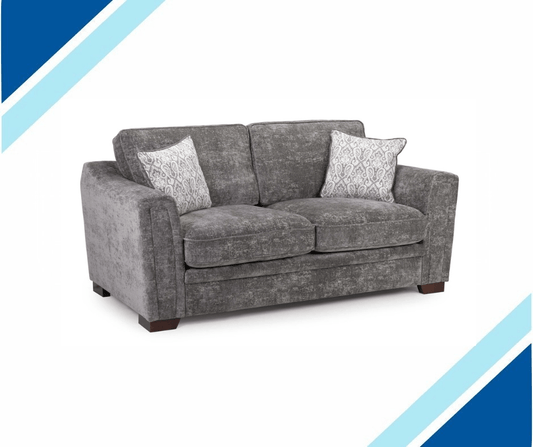 Elegant gray Astrid Fabric Sofa with patterned cushions and solid wood frame for living room comfort.