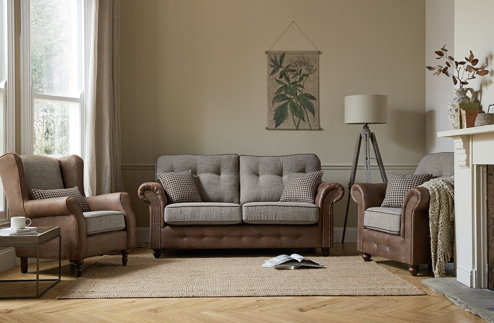 Barcelona Two Tone Corner Sofa Collection in living room setting with leather and fabric design.