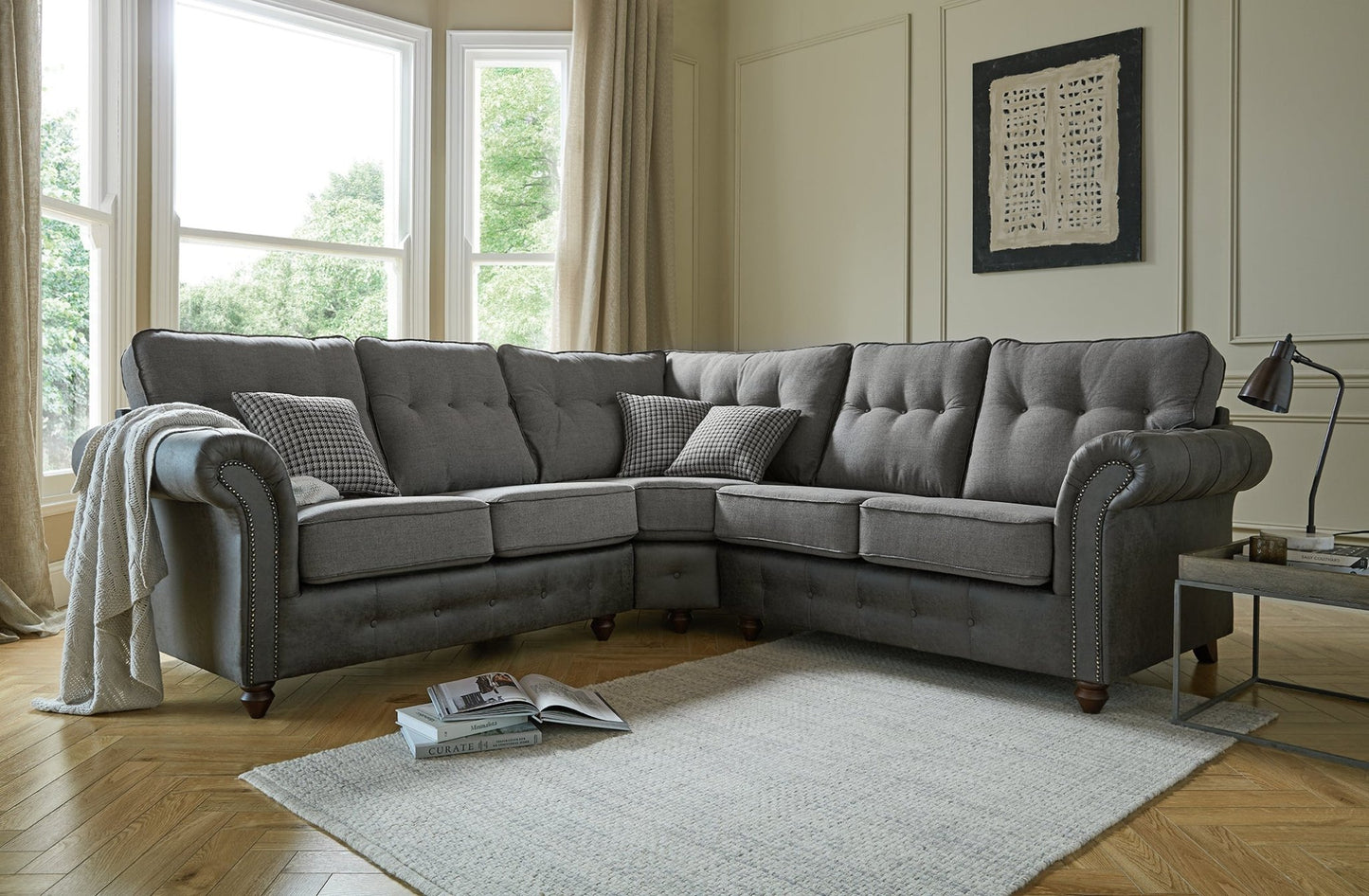 Barcelona Two Tone Corner Sofa Collection in living room setting.