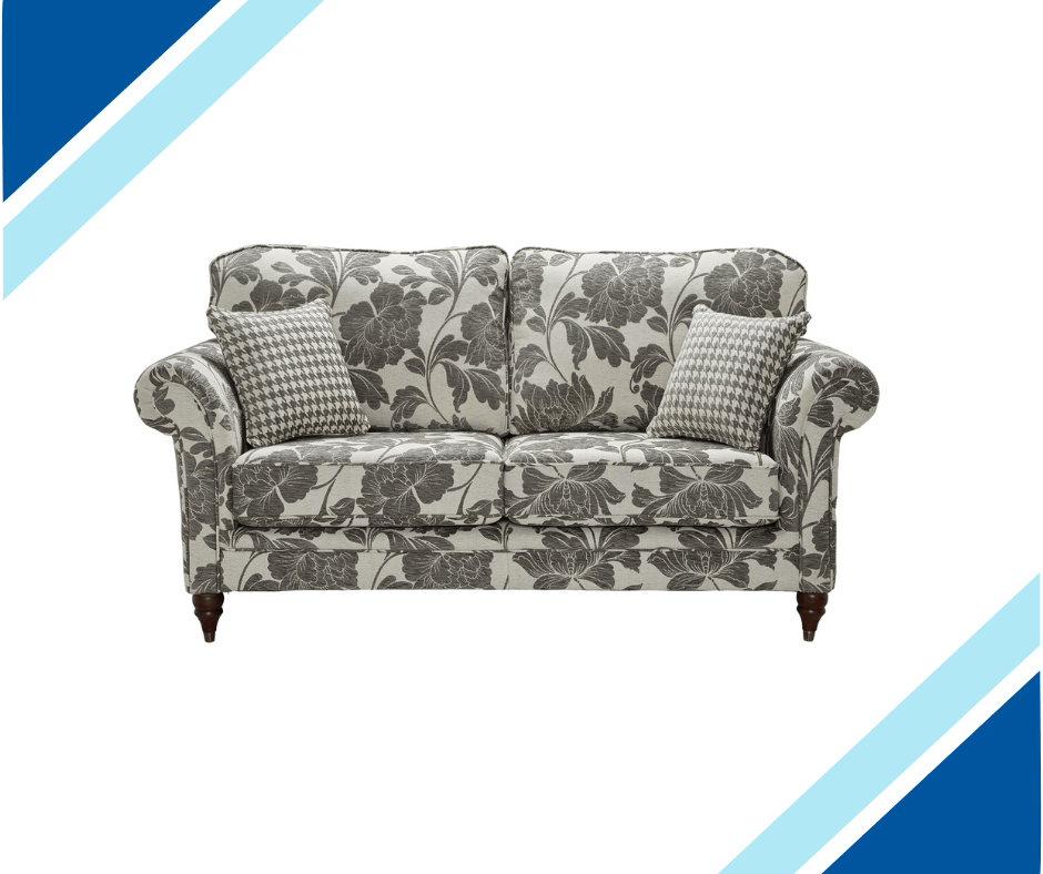 Cambridge Fabric Sofa Collection - floral pattern, houndstooth accent pillows, solid wood feet.