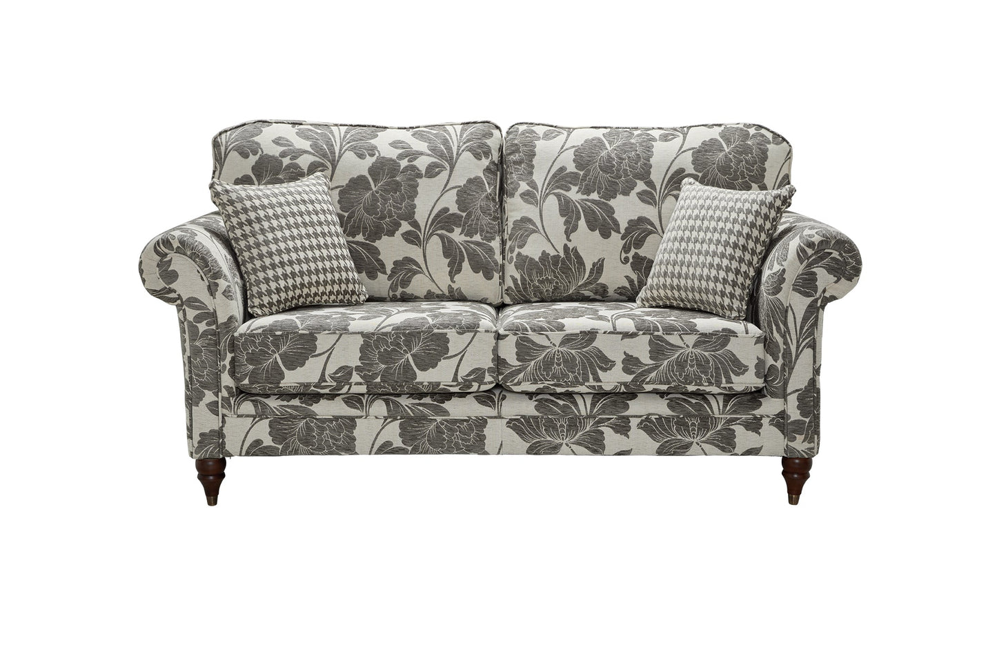 Cambridge Fabric Sofa in floral and houndstooth design with solid wood feet.