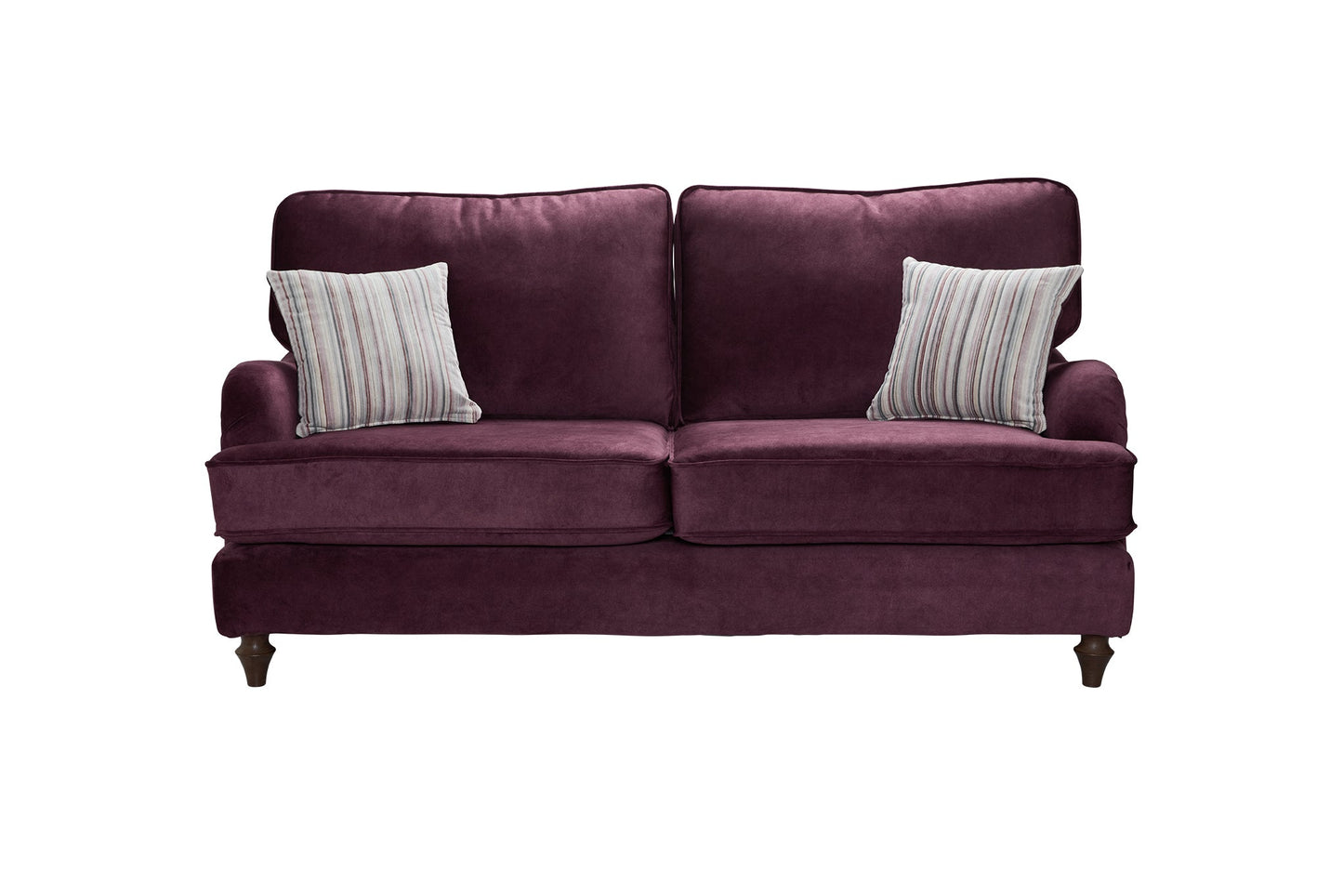 Canterbury Fabric Sofa Collection, classic English style, luxury purple two-seater sofa with striped cushions.