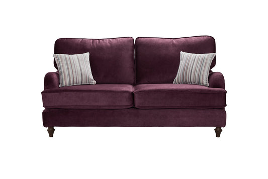 Canterbury Fabric Sofa Collection, classic English style, luxury purple two-seater sofa with striped cushions.