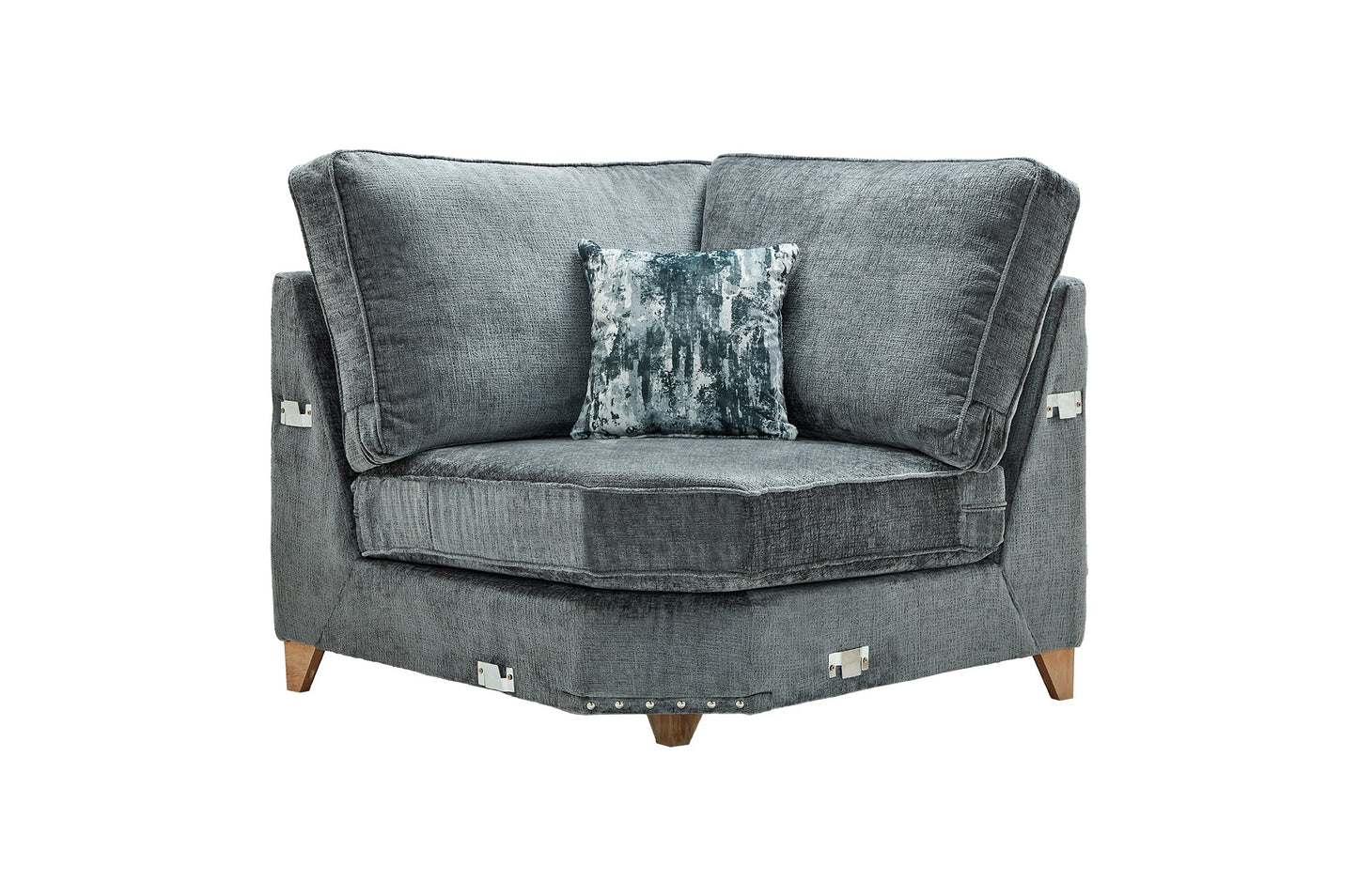 Carrington Fabric Sofa Collection snuggler with hand-studded details and decorative cushion.