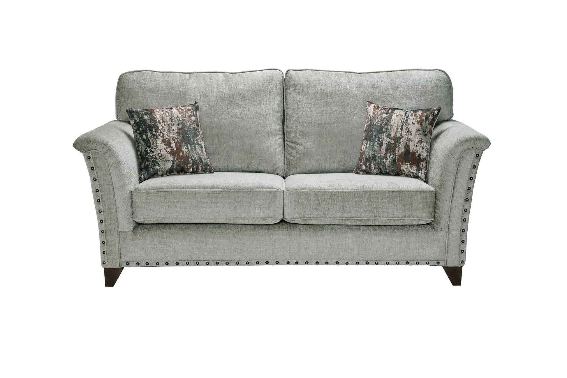 Carrington Fabric Sofa Collection with elegant hand studs and two cushions.