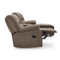 3 seater fabric recliner sofa with chaise in brown, featuring padded armrests and manual reclining function.