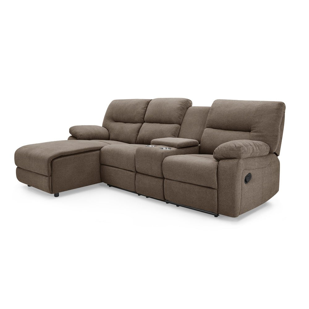 3 seater fabric recliner with chaise, padded armrests, and storage console.