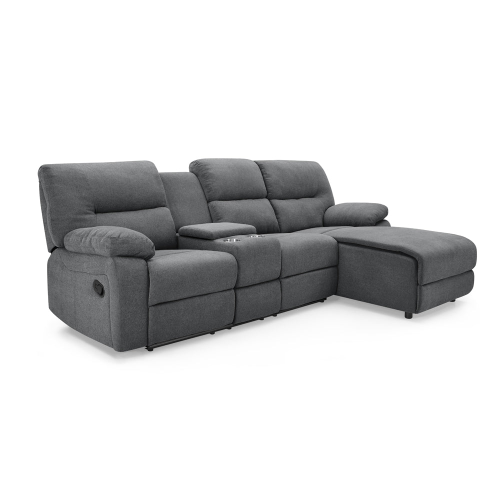 3 seater fabric recliner sofa with chaise and cupholders in modern living room design.