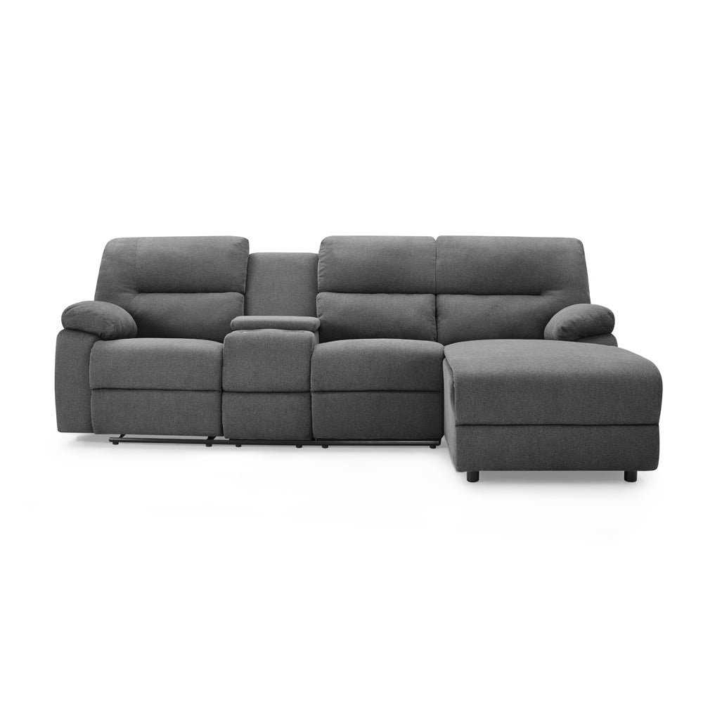 3 seater fabric recliner sofa with chaise in grey, featuring padded armrests and storage console with cupholders.