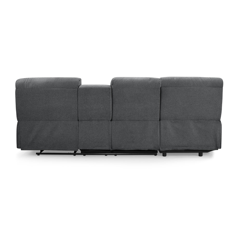 3 seater fabric recliner sofa with chaise, back view, gray color.