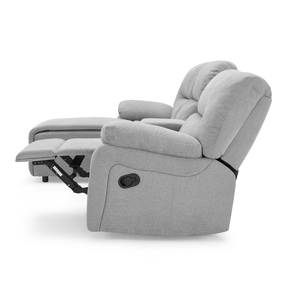 3 seater fabric recliner sofa with chaise in gray, showcasing padded armrests and modern design.