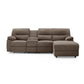 3 seater fabric recliner sofa with chaise and padded armrests.