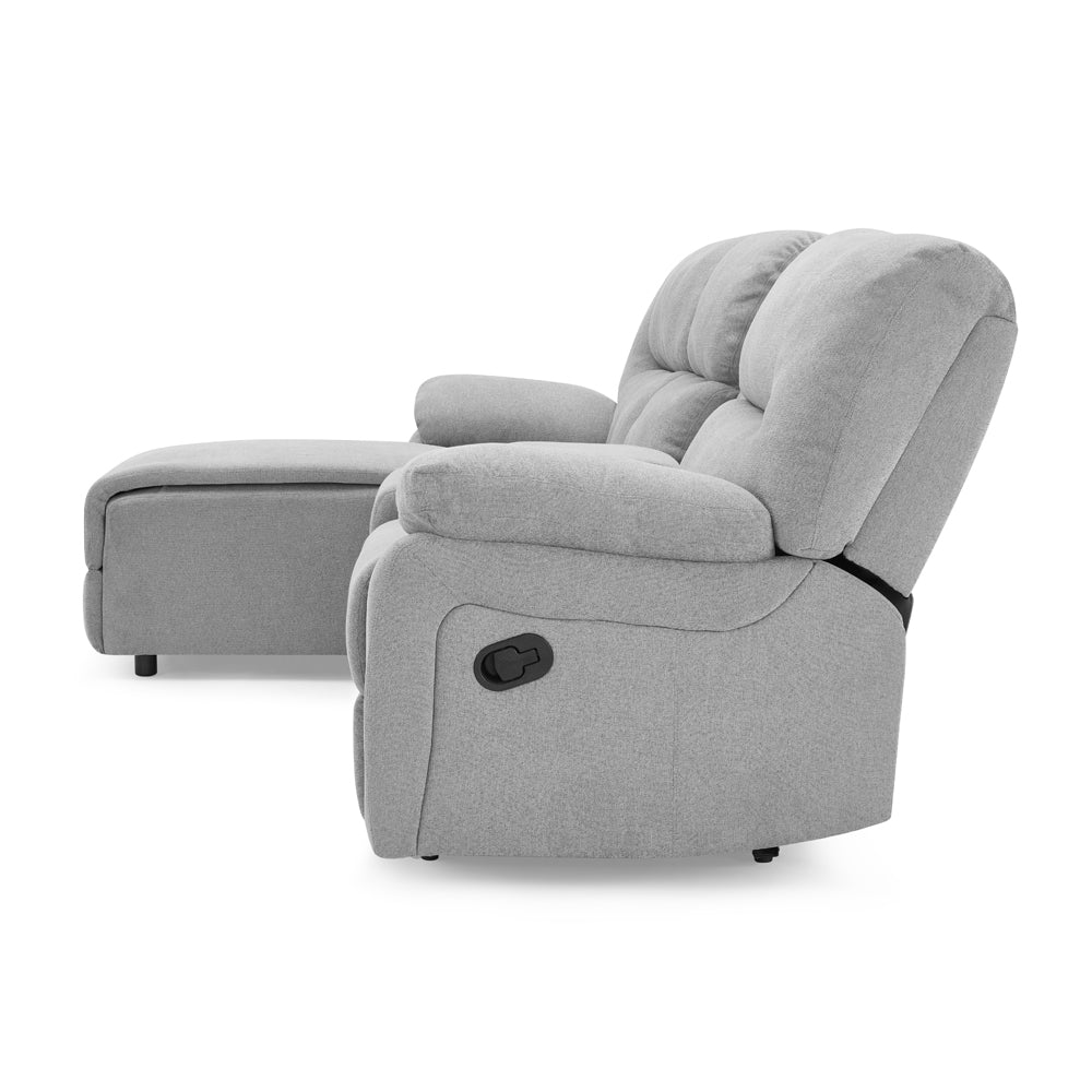 3 seater fabric recliner sofa with chaise and padded armrests in modern design.