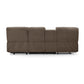 3 seater fabric recliner sofa back view with chaise in brown upholstery.