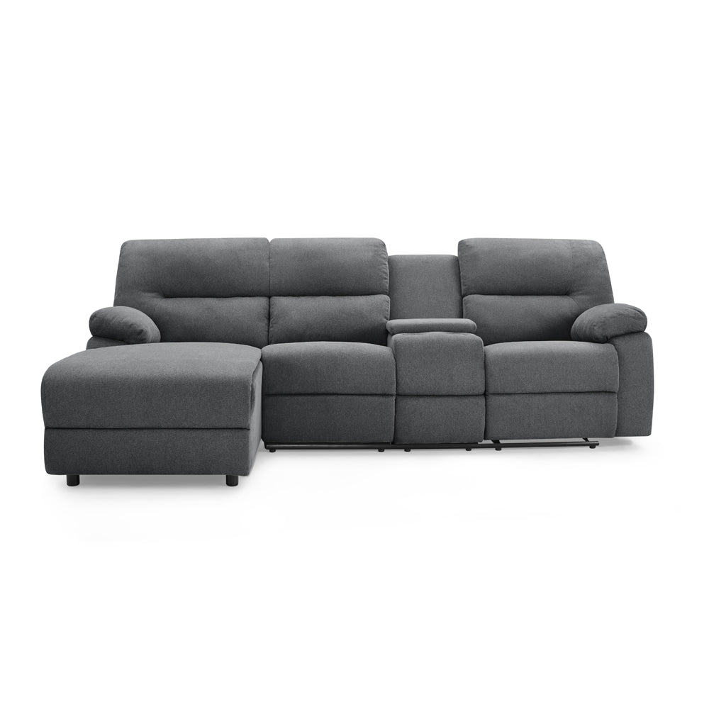 3 seater fabric recliner sofa with chaise, padded armrests, and storage console.