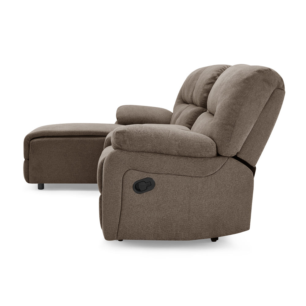 3 seater fabric recliner with chaise and cupholder console in modern design.