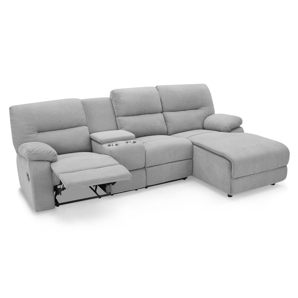 3 seater fabric recliner sofa with chaise and storage console in grey.