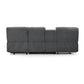 3 seater fabric recliner sofa with chaise and storage console, back view.