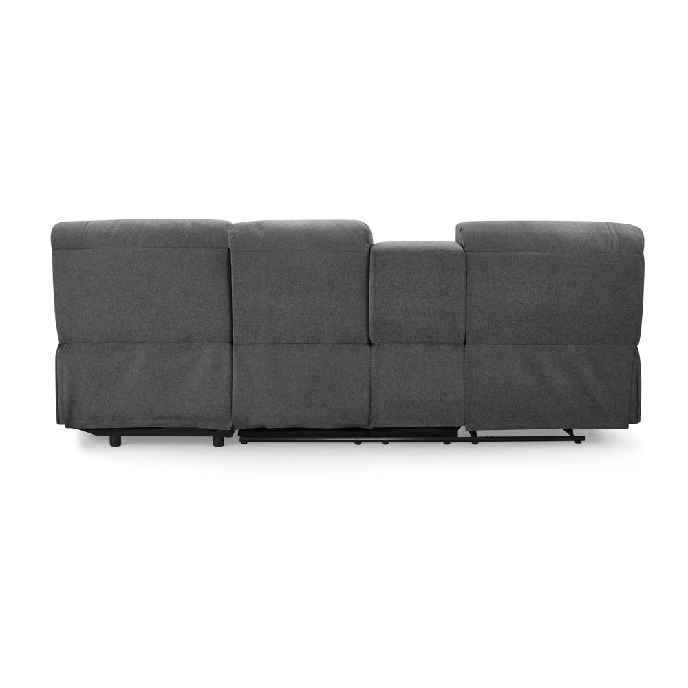 3 seater fabric recliner sofa with chaise and storage console, back view.