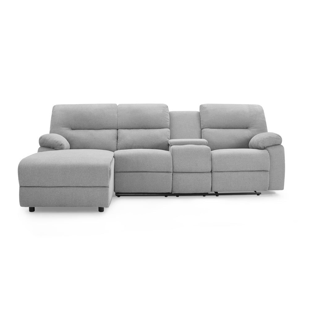 Harrison 3 seater fabric recliner sofa with chaise in gray with padded armrests.