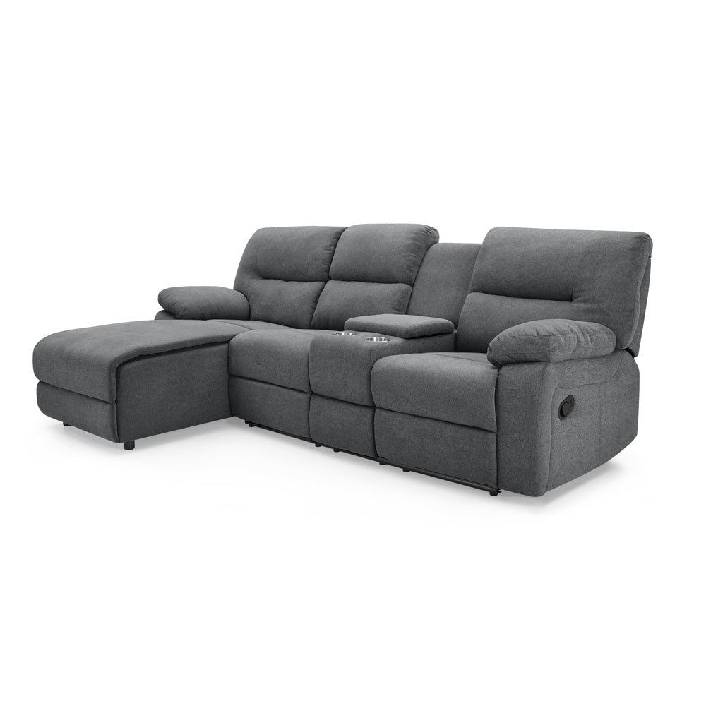 3 seater fabric recliner sofa with chaise and cupholders.