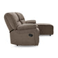 3 seater fabric recliner sofa with chaise and armrests in brown.