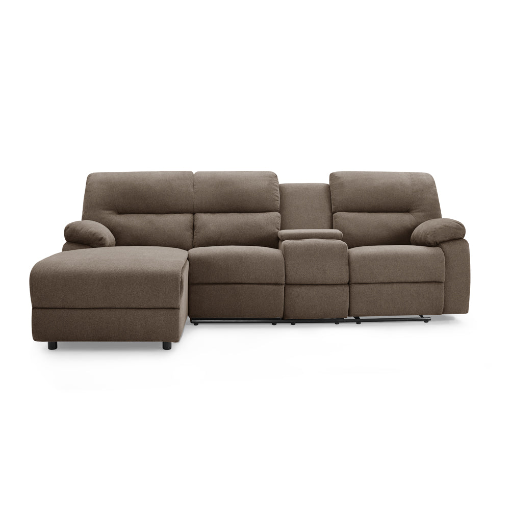 3 seater fabric recliner sofa with chaise and cupholder console.