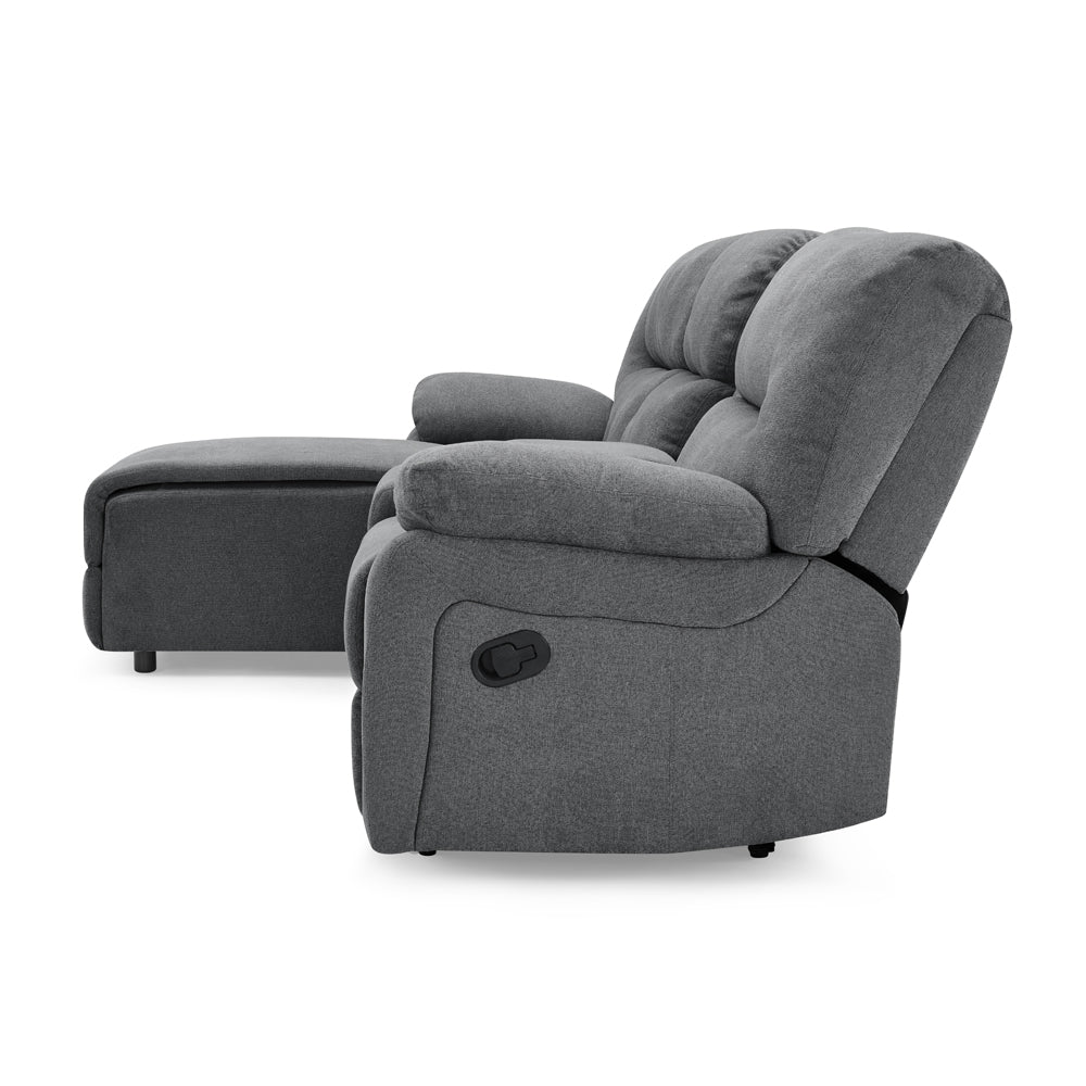 3 seater fabric recliner sofa with chaise in gray, featuring padded armrests and sleek modern design.