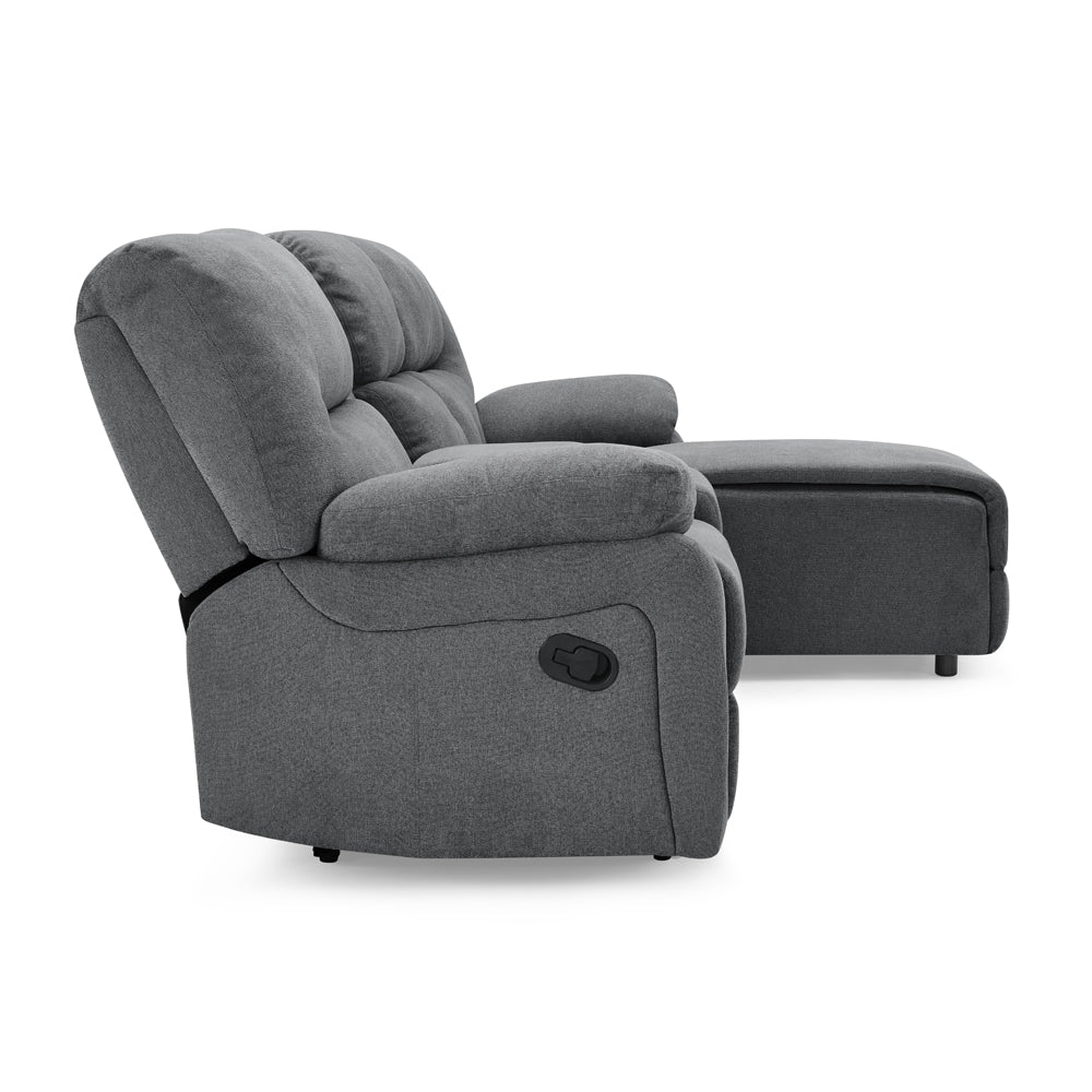 3 seater fabric recliner sofa with chaise in grey featuring padded armrests and storage console with cupholders.