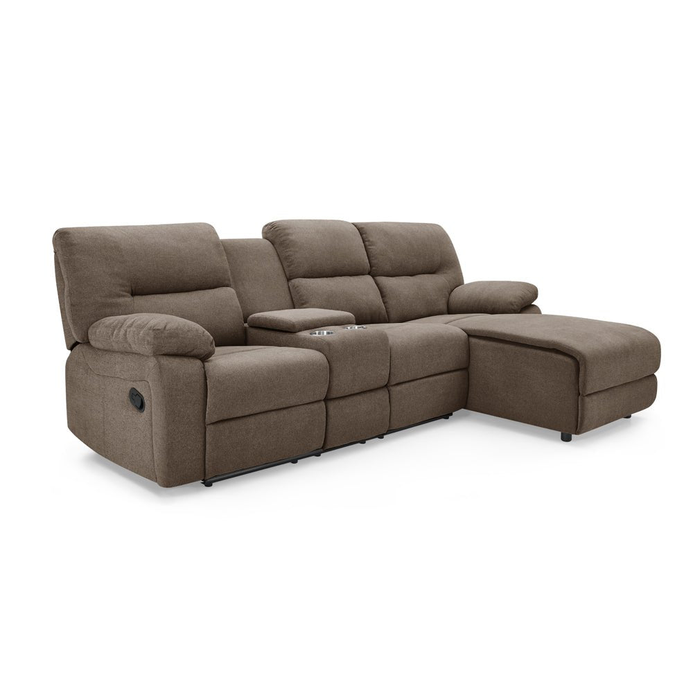 3 seater fabric recliner sofa with chaise, padded armrests, and storage console.