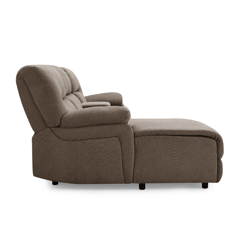 3 seater fabric recliner sofa with chaise and cupholders.