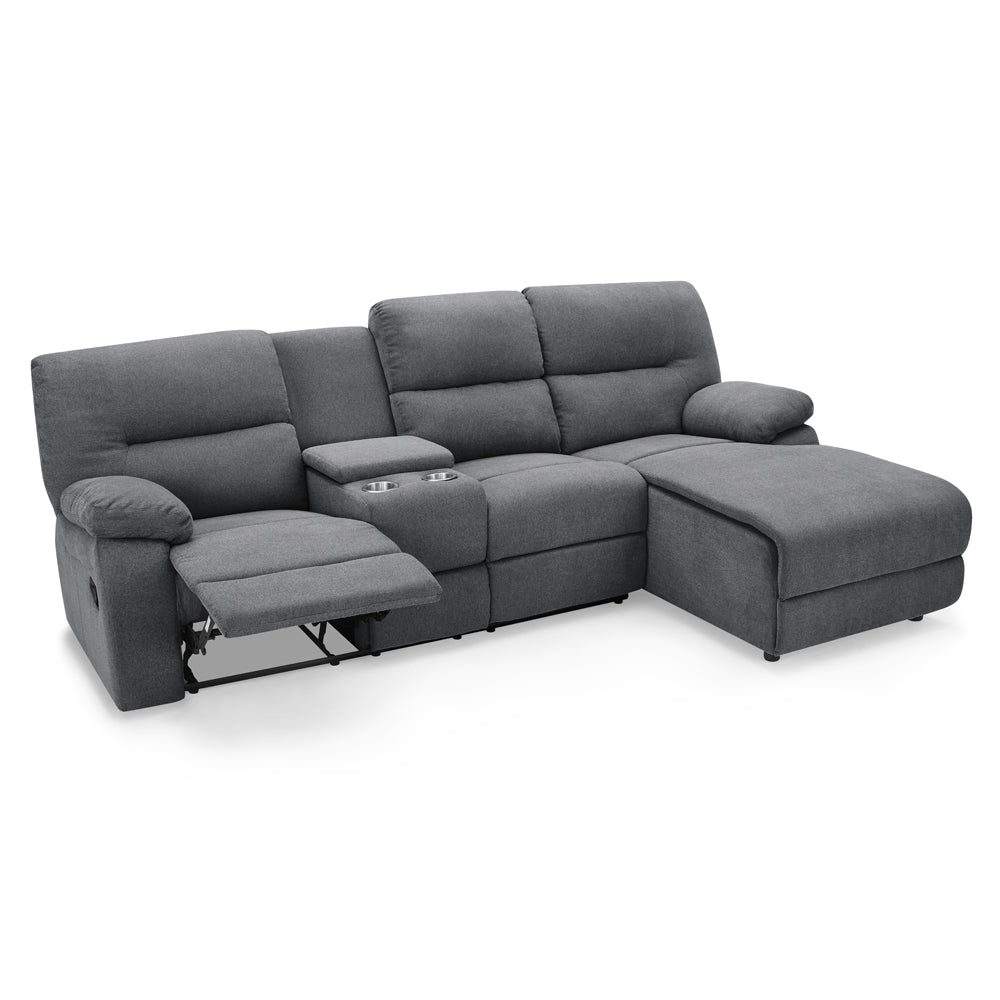 3 seater fabric recliner sofa with chaise and storage console in modern design.