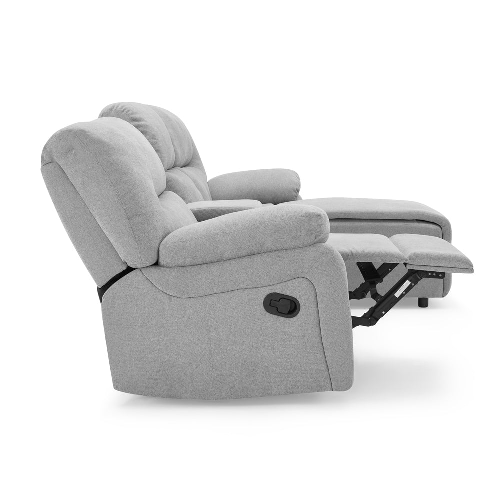 3 seater fabric recliner sofa with chaise in grey showing manual recliner open.