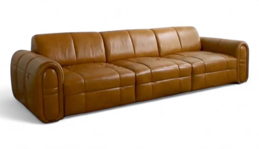 Isaac Leather 4 Seater Electric Sofa Bed in tan leather upholstery.