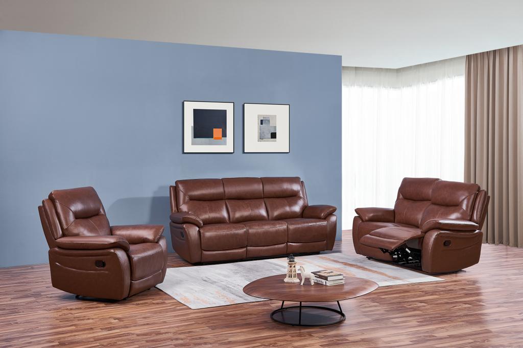 Rimini Leather Reclining sofa set in chestnut, featuring a luxurious and comfortable design with back cushions for extra head space.