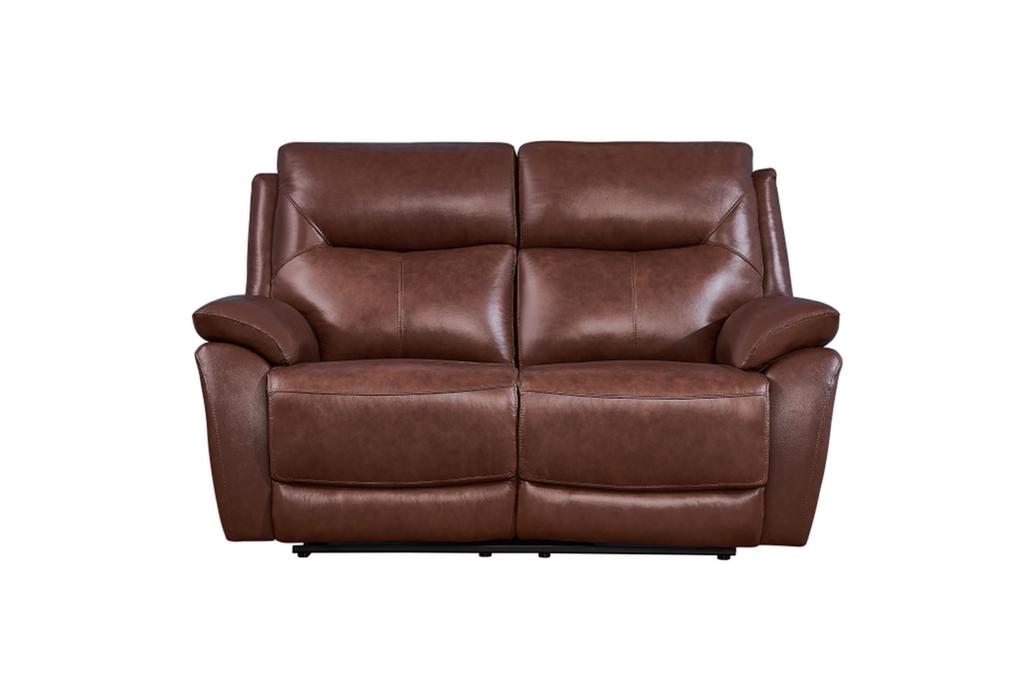 Rimini Leather Reclining 2-seater in chestnut, featuring plush cushions and natural cow leather for ultimate comfort.