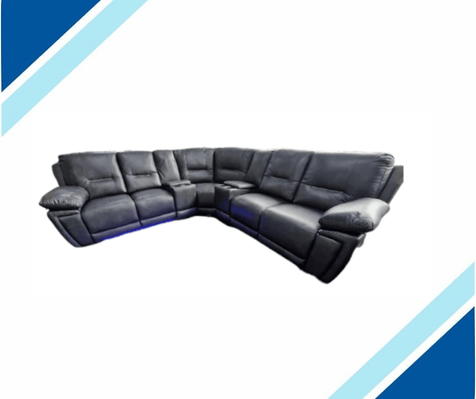 Savanna Electric reclining grey leather corner sofa with LED and USB features.