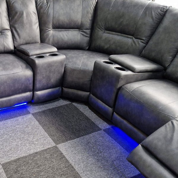 Savanna Electric reclining leather corner sofa in grey with LED lights and USB, contemporary design.